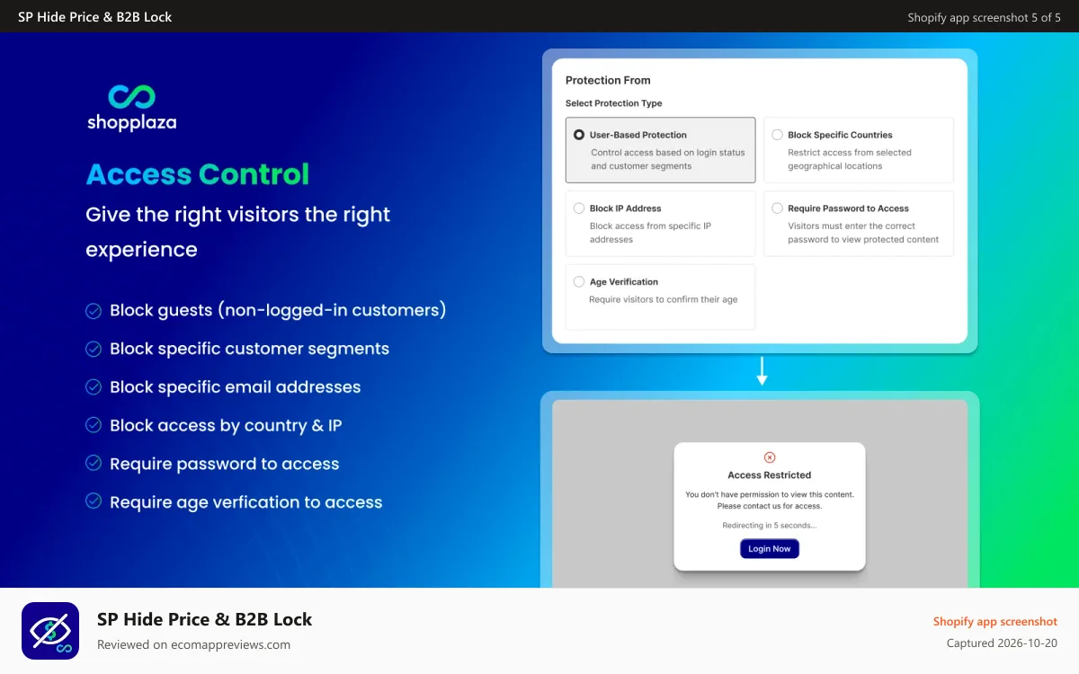 SP Hide Price & B2B Lock Shopify app screenshot: Control access based on login status, location, IP, age, etc.
