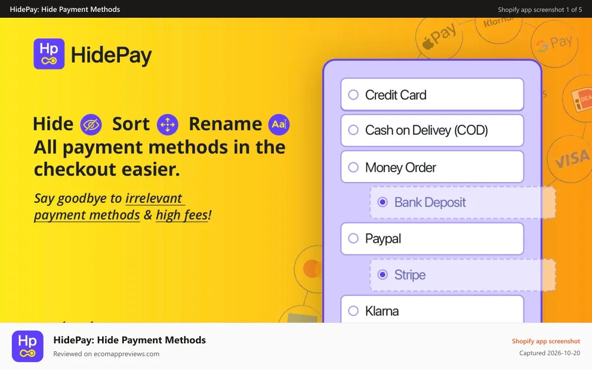 HidePay: Hide Payment Methods Shopify app screenshot: HidePay: Hide & sort Payment Methods