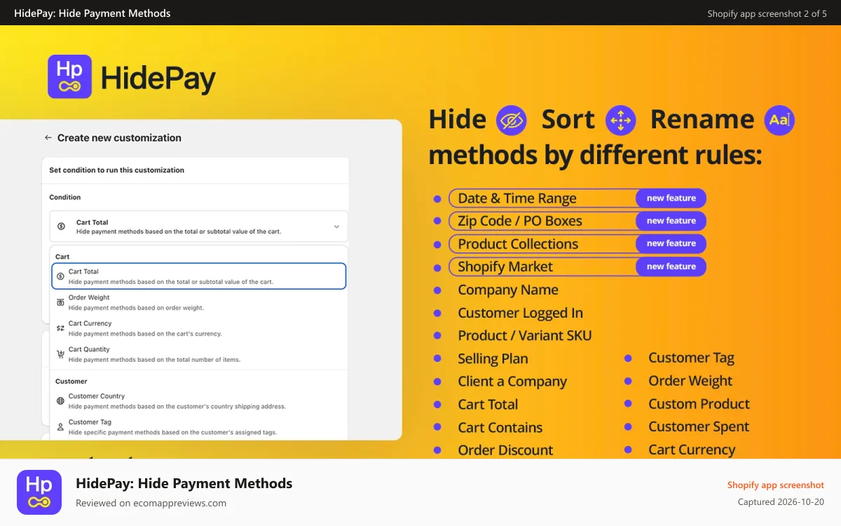 HidePay: Hide Payment Methods Shopify app screenshot: HidePay Hide, Sort & rename payment_methods
