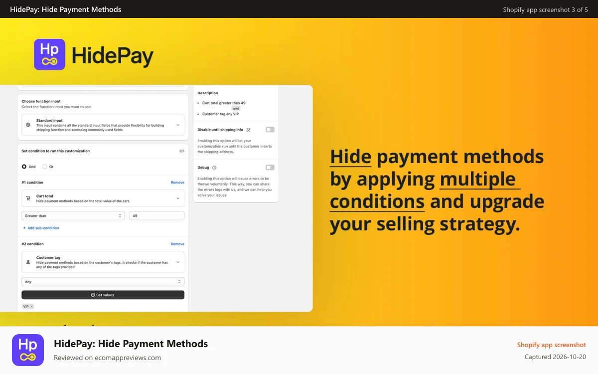 HidePay: Hide Payment Methods Shopify app screenshot: HidePay Hide, Sort & rename payment_methods