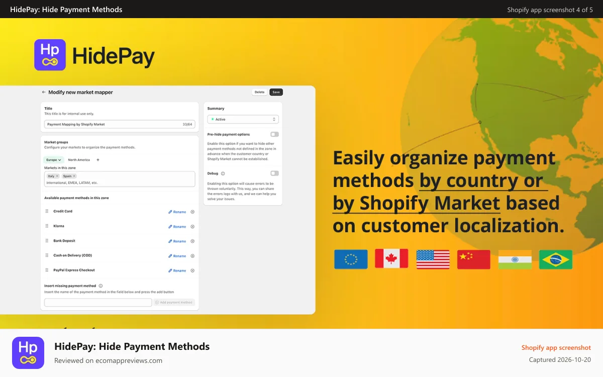 HidePay: Hide Payment Methods Shopify app screenshot: HidePay Hide, Sort & rename payment_methods