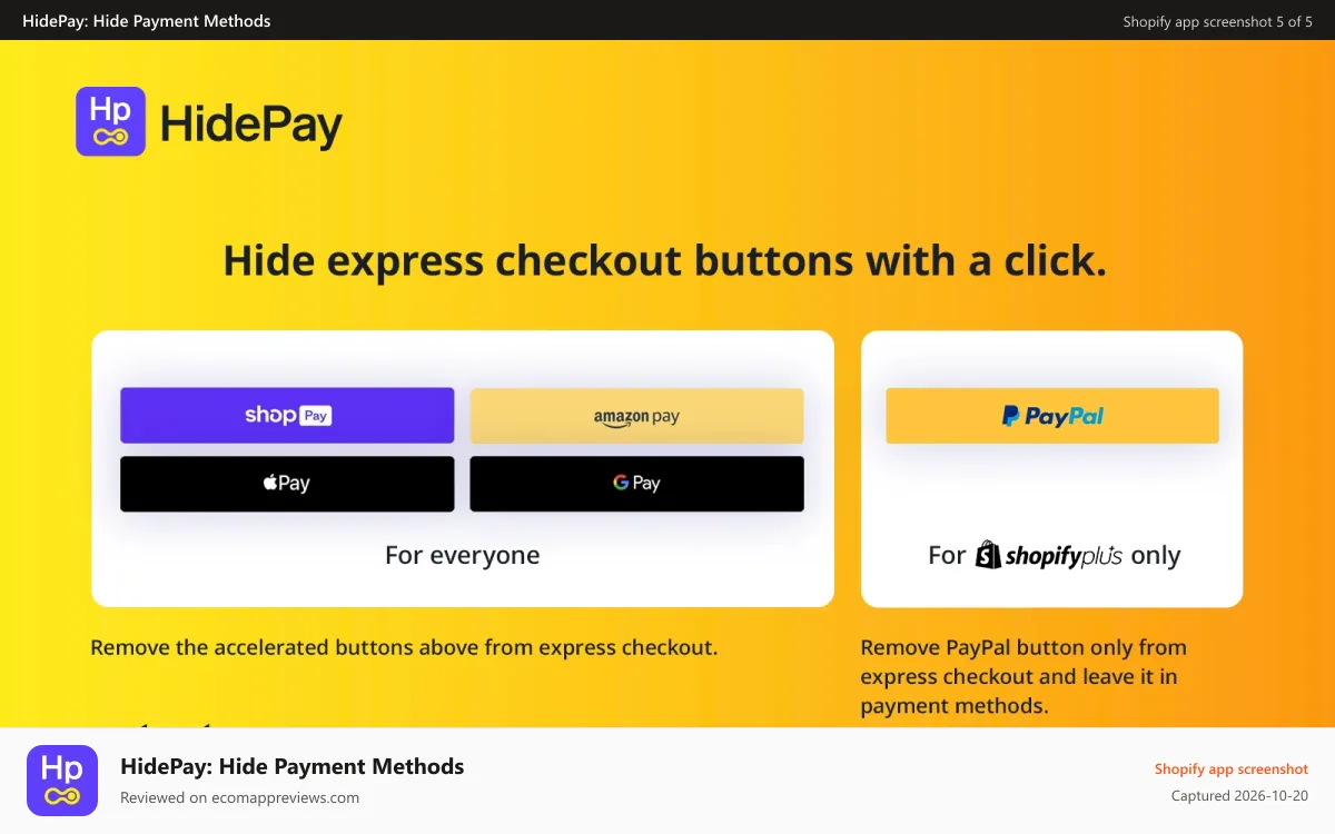 HidePay: Hide Payment Methods Shopify app screenshot: HidePay Hide, Sort & rename payment_methods