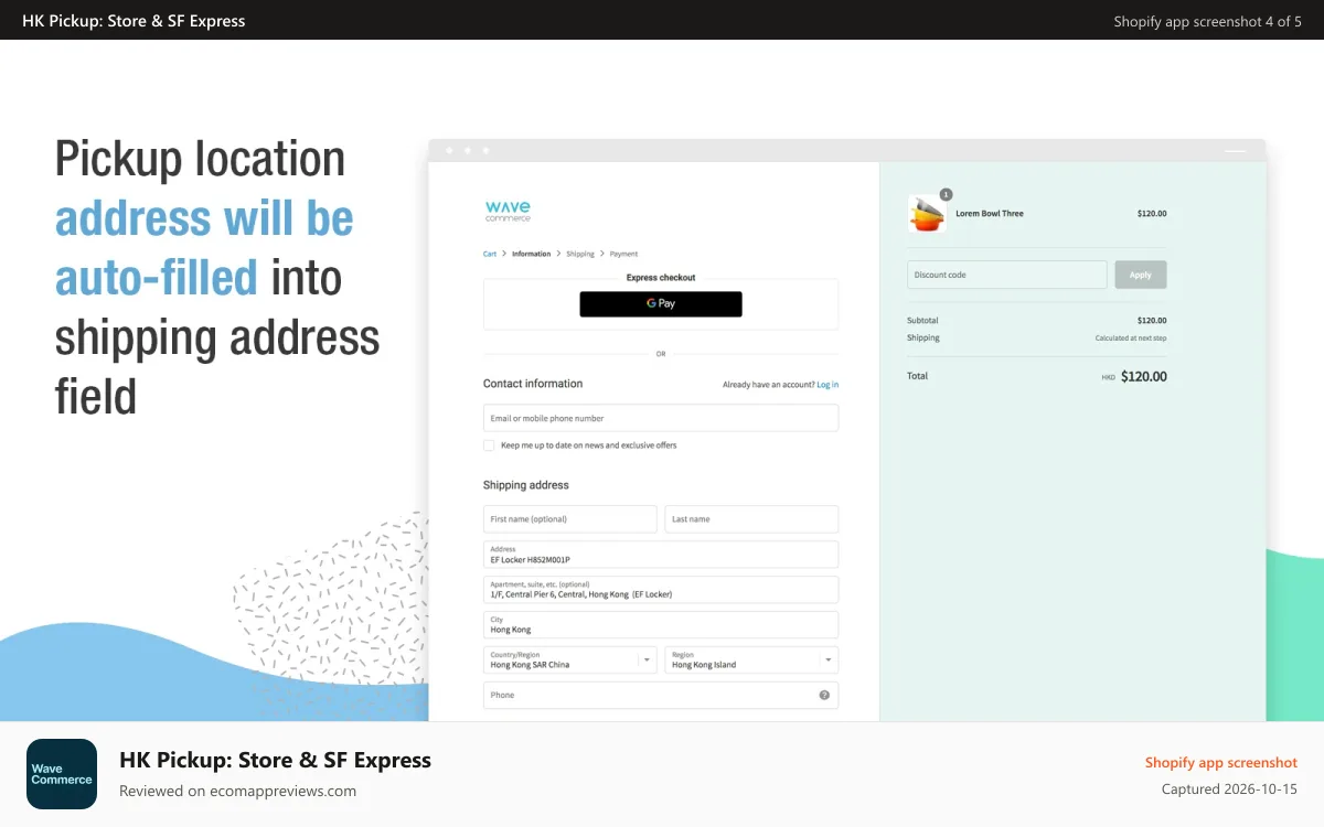HK Pickup: Store & SF Express Shopify app screenshot: Pickup location address will be auto-filled at checkout