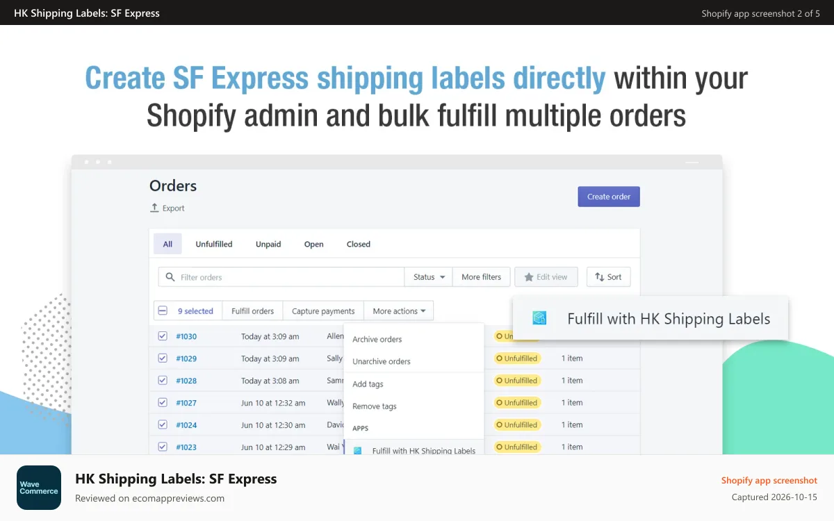 HK Shipping Labels: SF Express Shopify app screenshot: Bulk create SF Express shipping labels on your Shopify admin