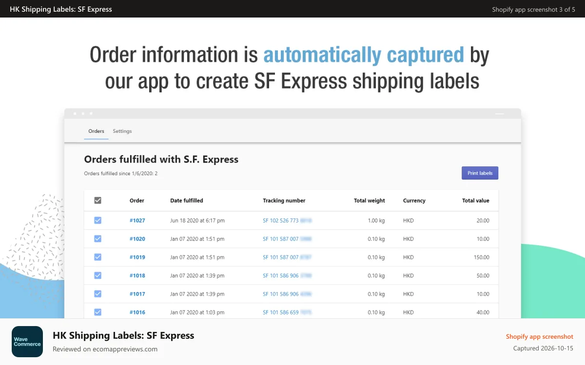 HK Shipping Labels: SF Express Shopify app screenshot: Order info is automatically captured by our app to create