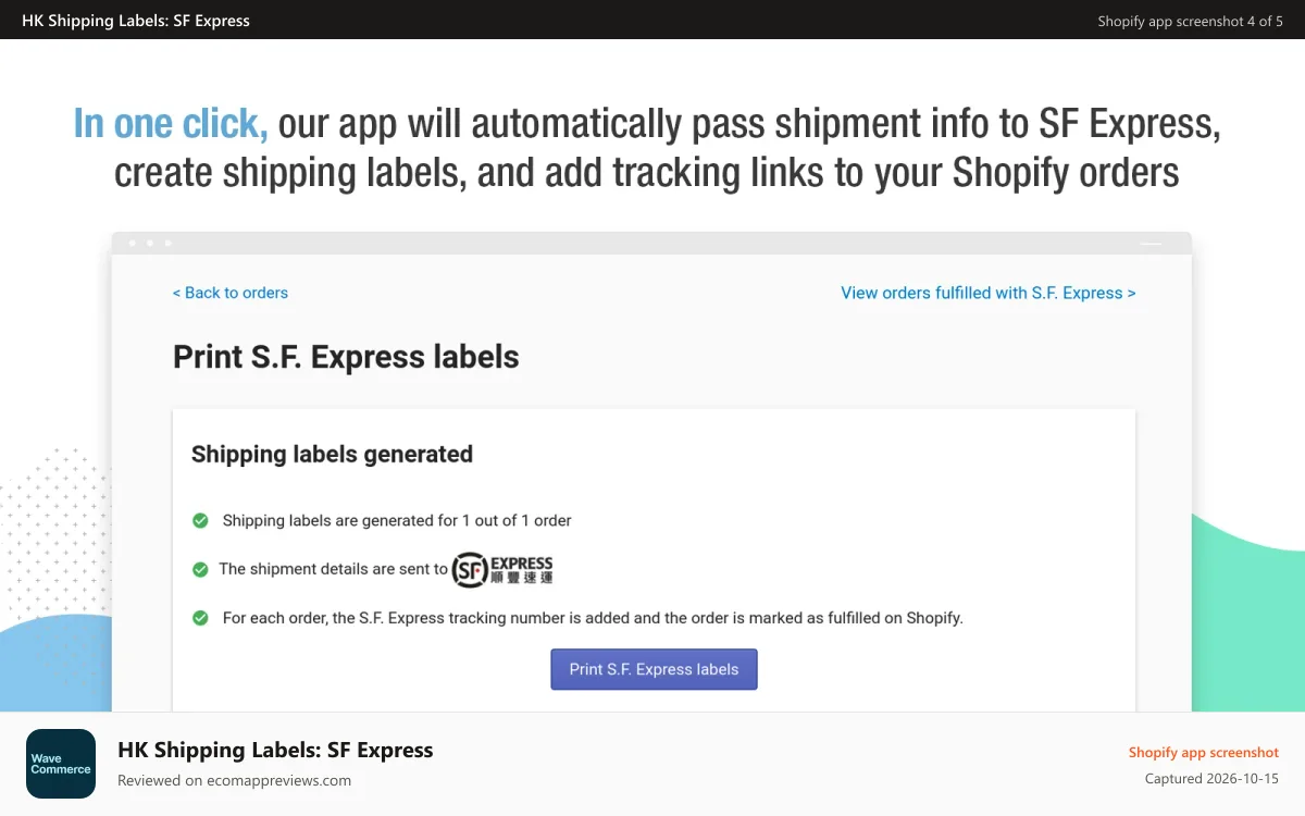 HK Shipping Labels: SF Express Shopify app screenshot: Create shipping labels and add tracking numbers in one click