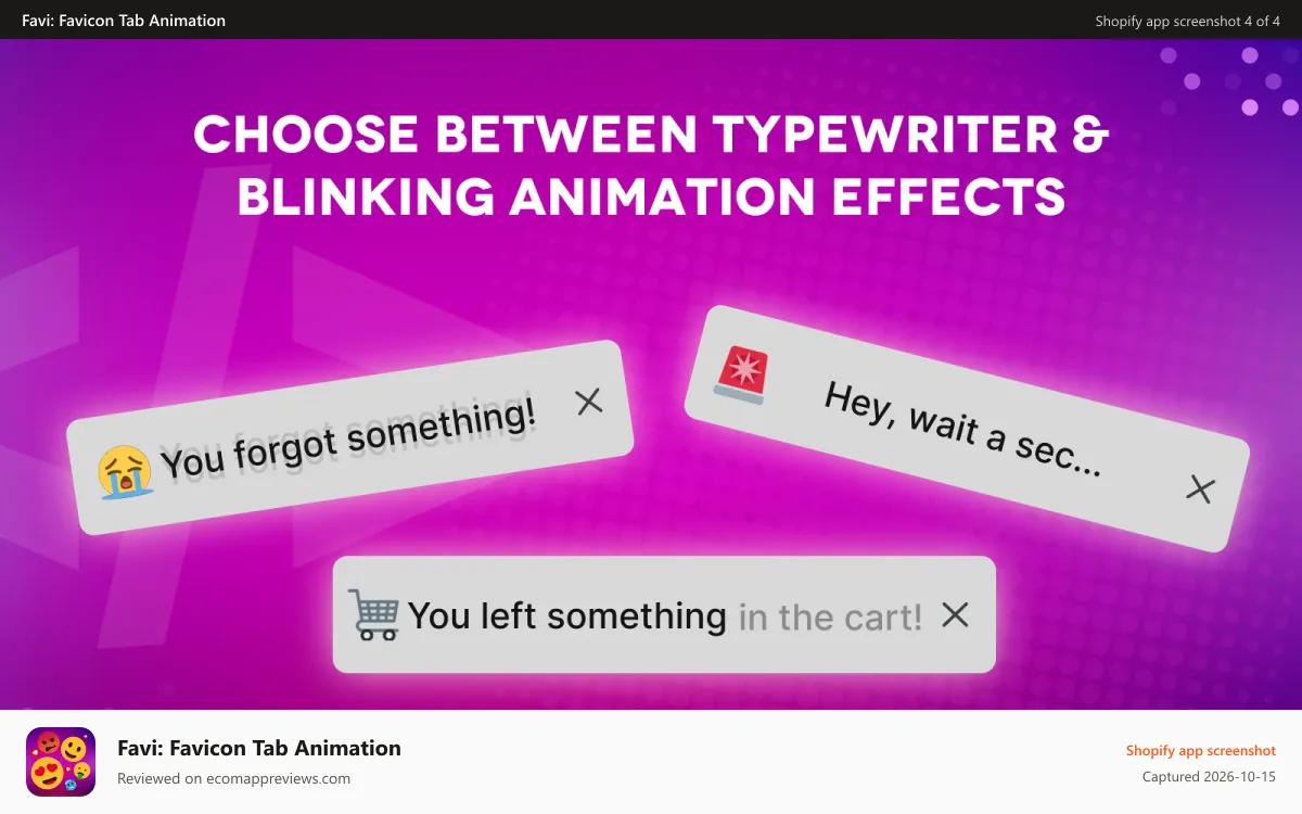 Favi: Favicon Tab Animation Shopify app screenshot: The app in action: Multiple designs of the browser tab animation