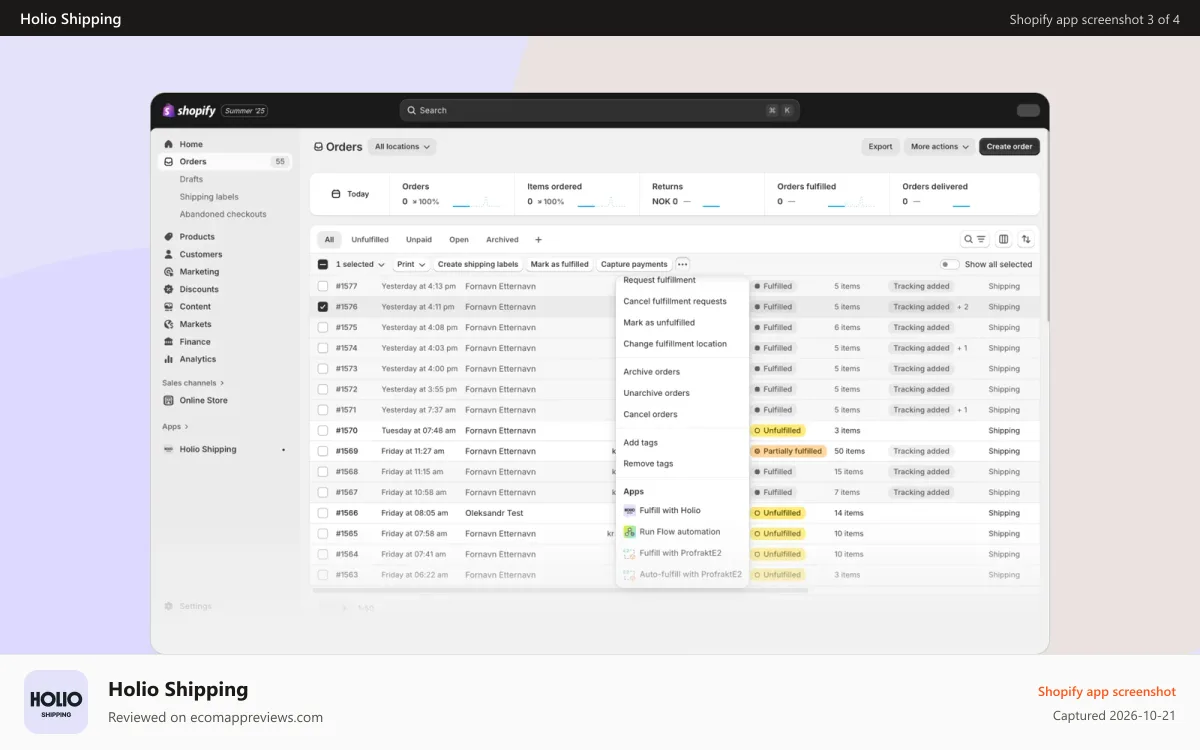 Holio Shipping Shopify app screenshot: Use your customers favorite carriers and services