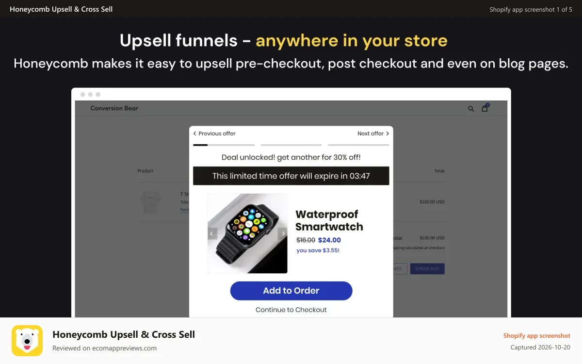 Honeycomb Upsell & Cross Sell Shopify app screenshot: best shopify upsell app, upsell, cart upsell,