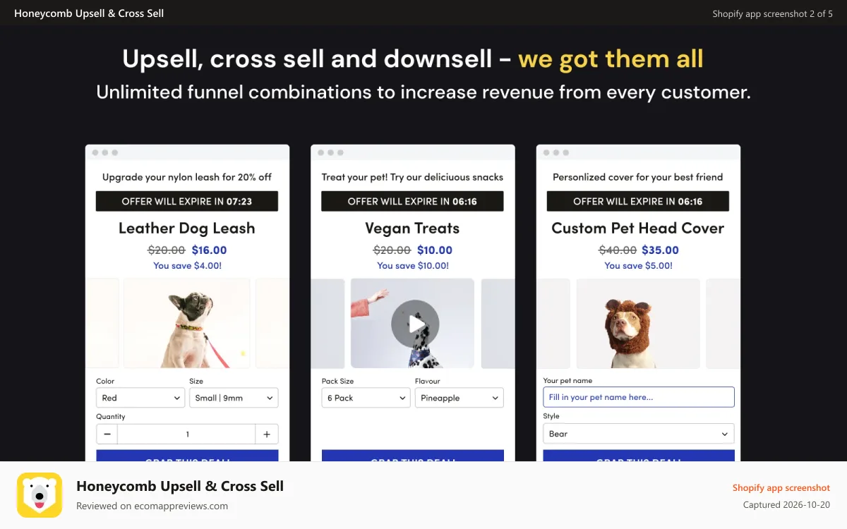 Honeycomb Upsell & Cross Sell Shopify app screenshot: funnel, upsell, cart upsell, checkout upsell, upsells, upselling