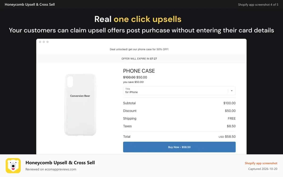Honeycomb Upsell & Cross Sell Shopify app screenshot: upsell, cart upsell, post purchase upsell, checkout upsell