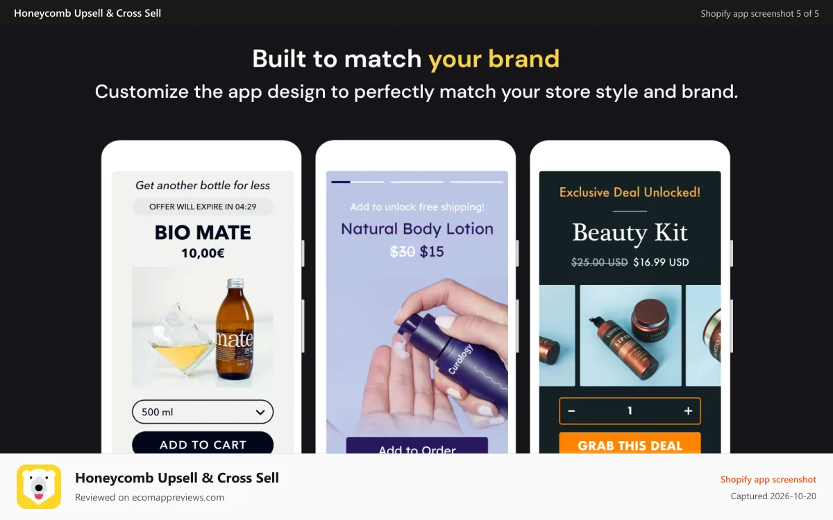 Honeycomb Upsell & Cross Sell Shopify app screenshot: upsell, cart upsell, one click upsell, upsell recommendations