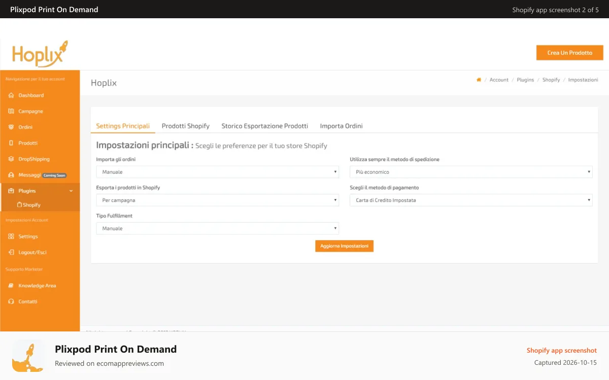 Plixpod Print On Demand Shopify app screenshot: Hoplix Print on Demand - Setting Panel App