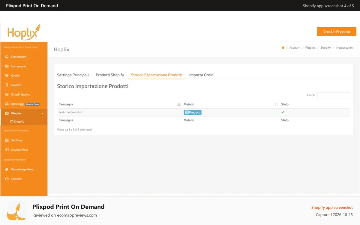 Plixpod Print On Demand Shopify app screenshot: Hoplix Print on Demand - Import History