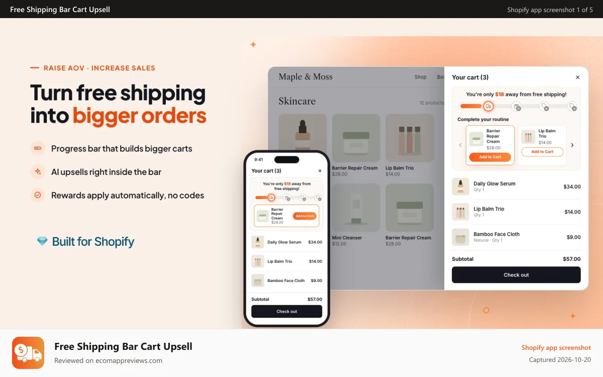 Free Shipping Bar Cart Upsell Shopify app screenshot: Free shipping bar with cart upsell and progress bar to boost AOV