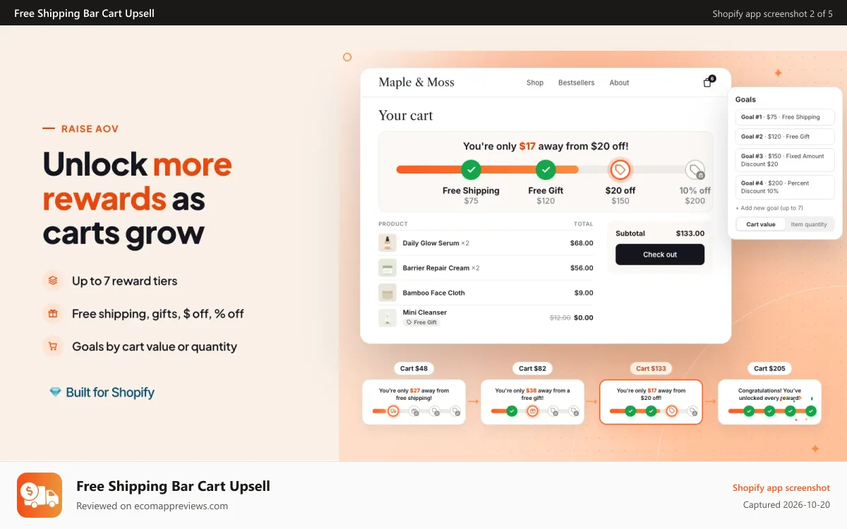 Free Shipping Bar Cart Upsell Shopify app screenshot: Tiered free shipping bar with free gift and discount rewards