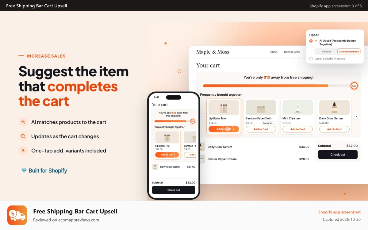 Free Shipping Bar Cart Upsell Shopify app screenshot: AI cart upsell: frequently bought together in free shipping bar