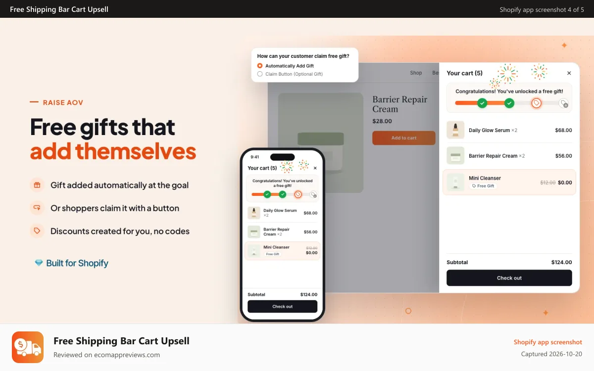 Free Shipping Bar Cart Upsell Shopify app screenshot: Free gift with purchase auto-added by free shipping upsell app
