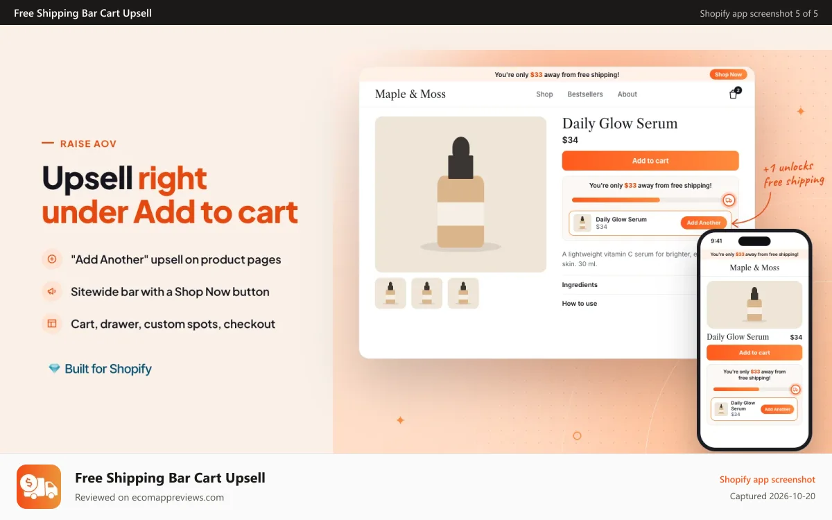 Free Shipping Bar Cart Upsell Shopify app screenshot: Product page upsell and sticky free shipping announcement bar