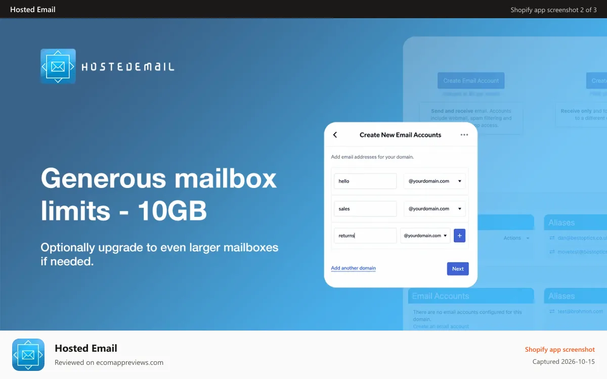 Hosted Email Shopify app screenshot: Cheap Email - Email Marketing - Hosting - IMAP - Webmail
