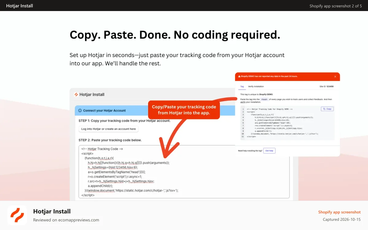 Hotjar Install Shopify app screenshot: Paste your tracking code from Hotjar.com