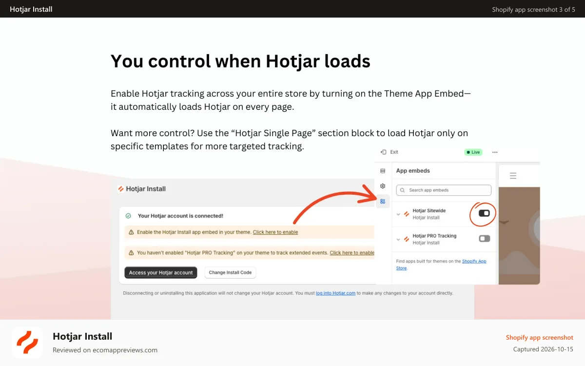 Hotjar Install Shopify app screenshot: You control where Hotjar tracks on your site.