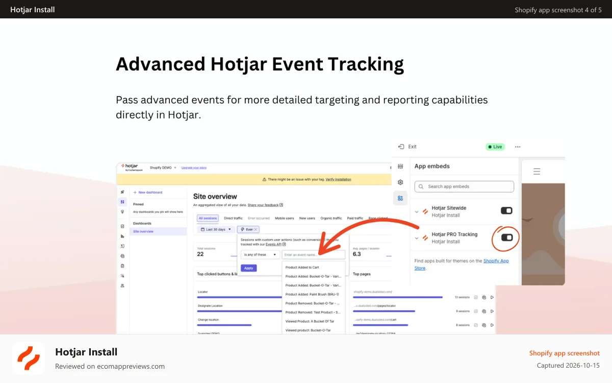 Hotjar Install Shopify app screenshot: Advanced Event Tracking