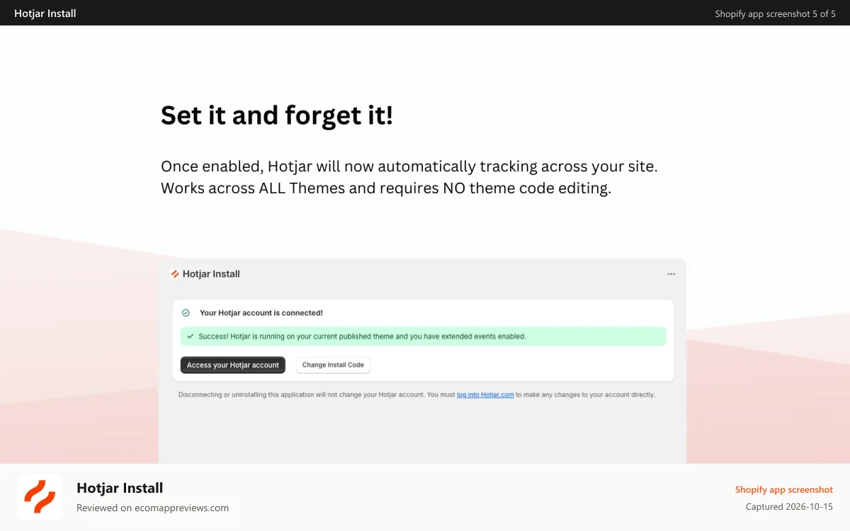 Hotjar Install Shopify app screenshot: Hotjar automatically loads with no development.