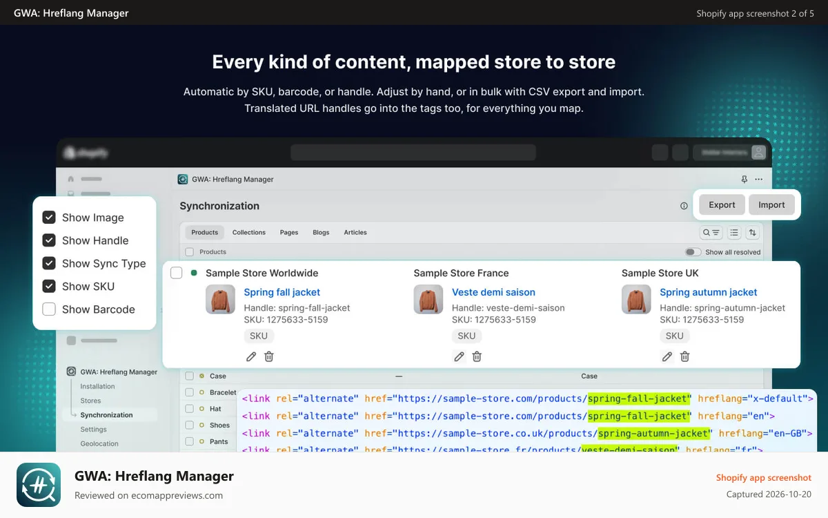 GWA: Hreflang Manager Shopify app screenshot: Map hreflang tags across products, pages and translated URLs