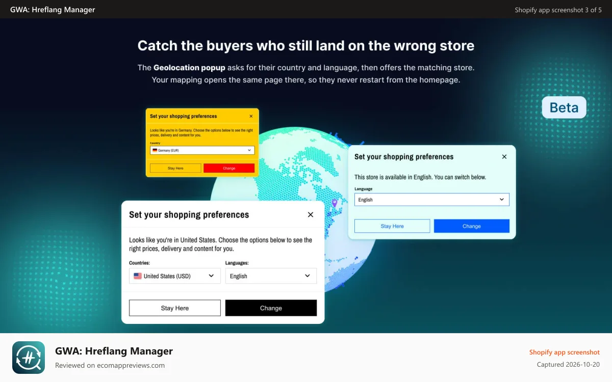 GWA: Hreflang Manager Shopify app screenshot: Geolocation popup sends buyers to the right store version