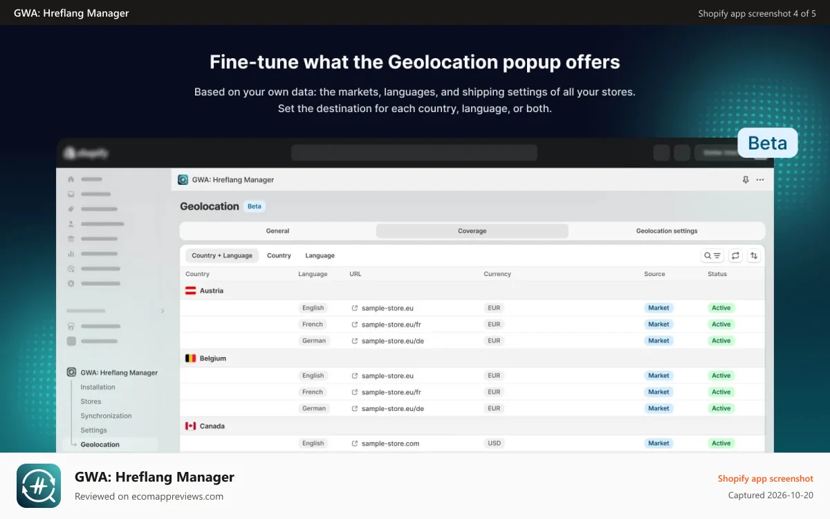 GWA: Hreflang Manager Shopify app screenshot: Geolocation coverage by country and language per store