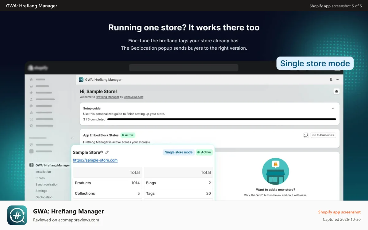 GWA: Hreflang Manager Shopify app screenshot: Hreflang tags for one Shopify store, no coding needed