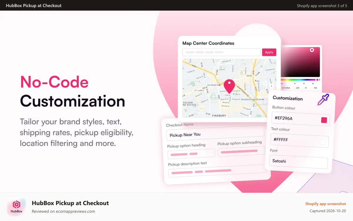 HubBox Pickup at Checkout Shopify app screenshot: no-code customisation