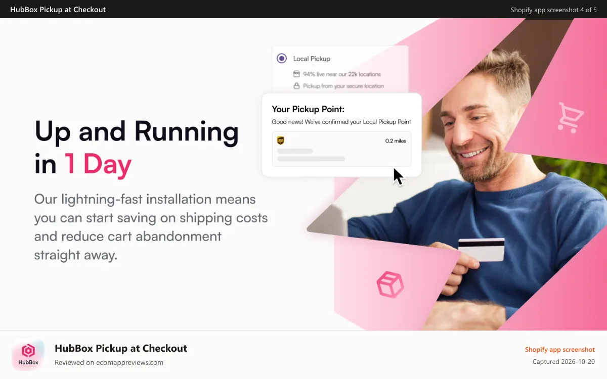 HubBox Pickup at Checkout Shopify app screenshot: 24hr installation