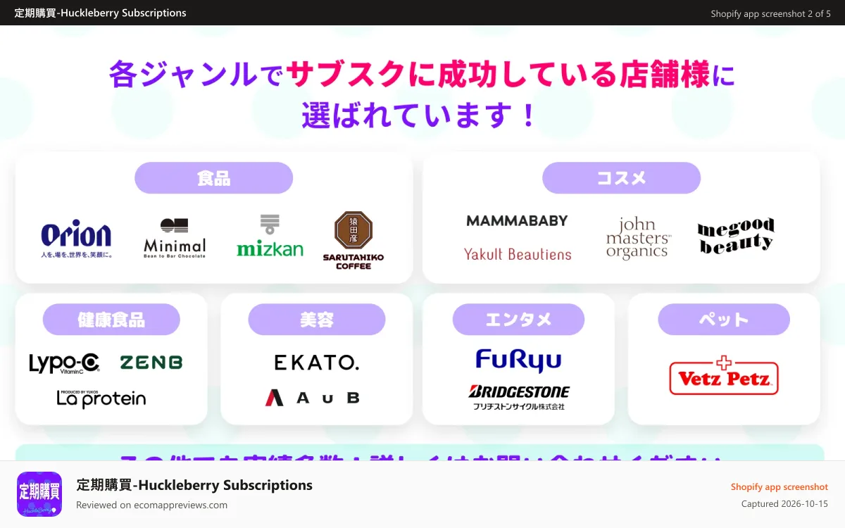 定期購買‑Huckleberry Subscriptions Shopify app screenshot: サブスクに成功している企業にご利用いただいています