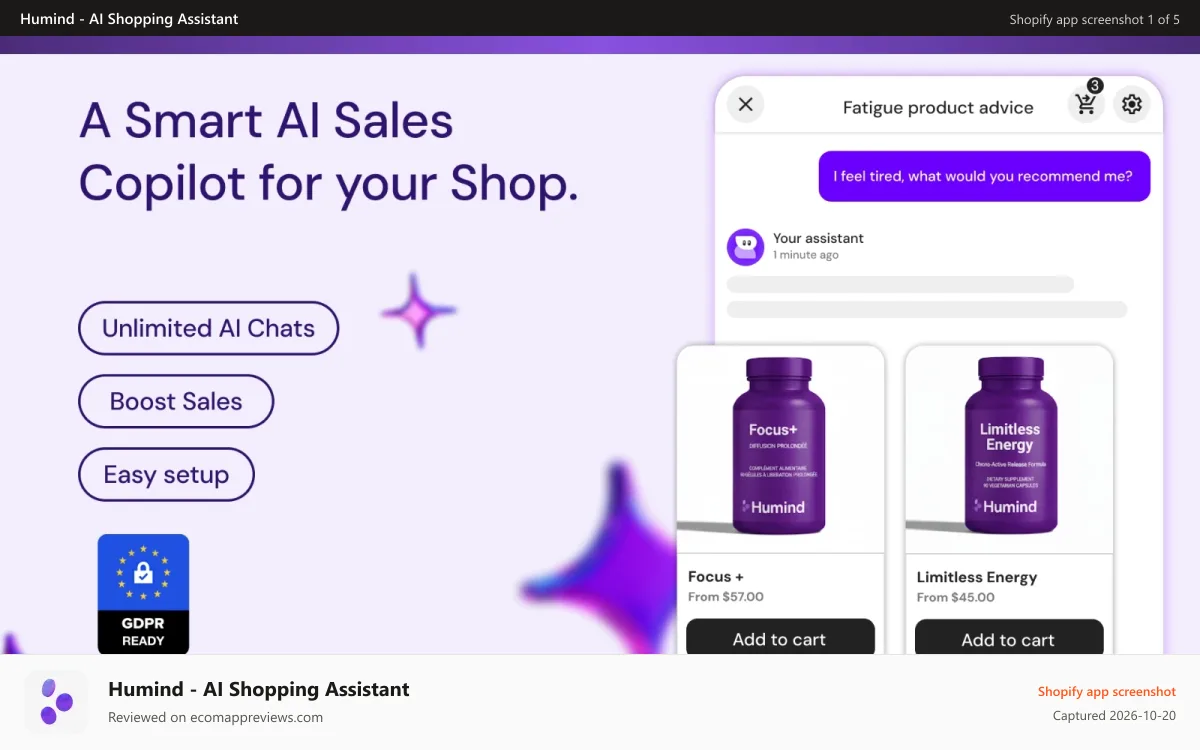 Humind ‑ AI Shopping Assistant Shopify app screenshot: A Smart AI Sales Copilot for your Shop.