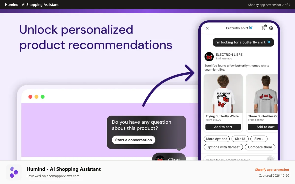 Humind ‑ AI Shopping Assistant Shopify app screenshot: Unlock personalized product recommendations