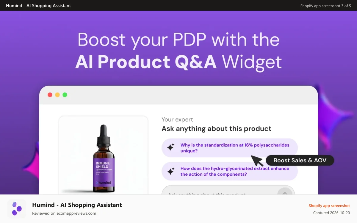Humind ‑ AI Shopping Assistant Shopify app screenshot: Boost your PDP with the AI Product Q&A Widget