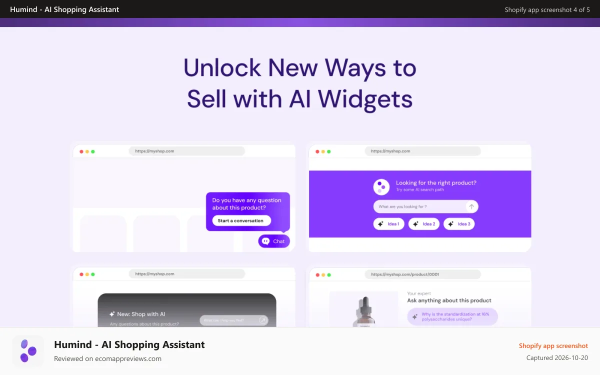 Humind ‑ AI Shopping Assistant Shopify app screenshot: Unlock New Ways to Sell with AI Widgets