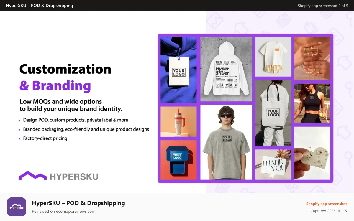 HyperSKU – POD & Dropshipping Shopify app screenshot: Branding, POD & private label services to gain higher margins