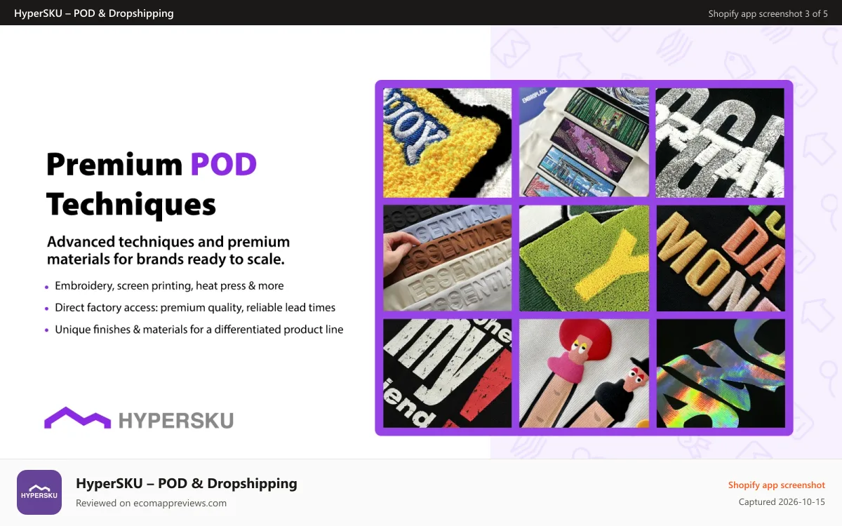 HyperSKU – POD & Dropshipping Shopify app screenshot: Premium POD Techniques: Embroidery, heat press & more