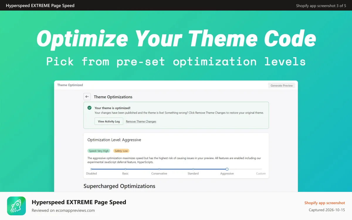 Hyperspeed EXTREME Page Speed Shopify app screenshot: Choose your theme optimization level and speed up your code.
