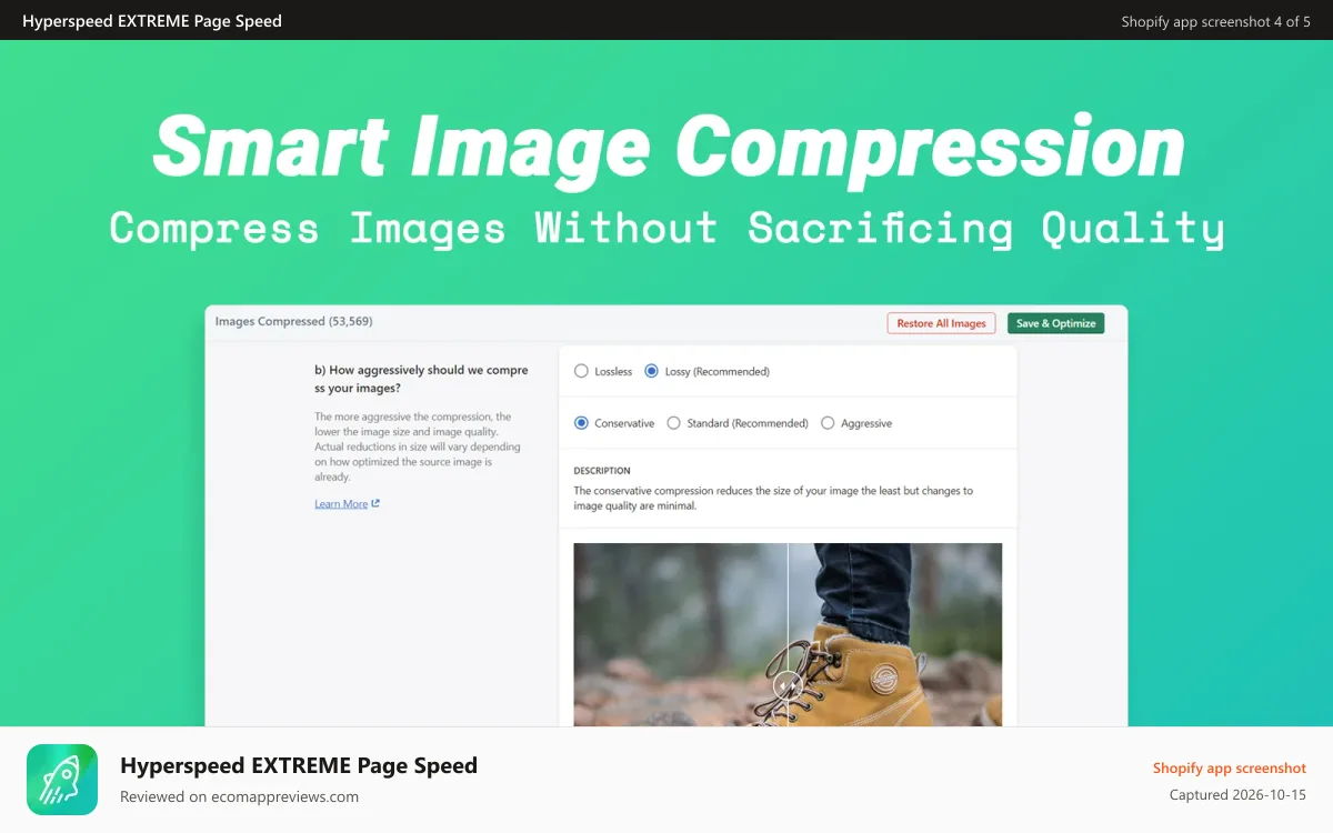 Hyperspeed EXTREME Page Speed Shopify app screenshot: Choose your image optimization level and see your savings.