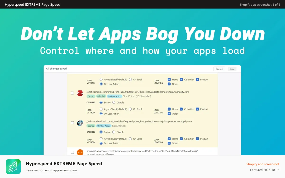Hyperspeed EXTREME Page Speed Shopify app screenshot: Speed up all of your Shopify apps and control how they load.