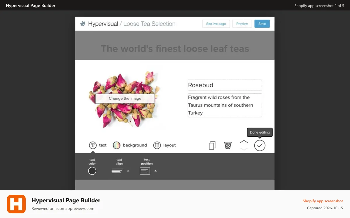 Hypervisual Page Builder Shopify app screenshot: Editing a headline with Hypervisual