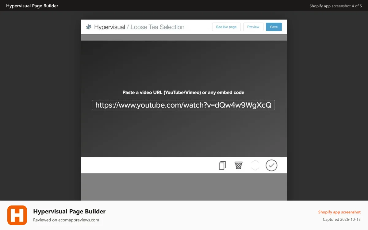 Hypervisual Page Builder Shopify app screenshot: Embedding a video with Hypervisual