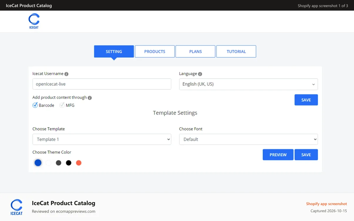 IceCat Product Catalog Shopify app screenshot: Settings