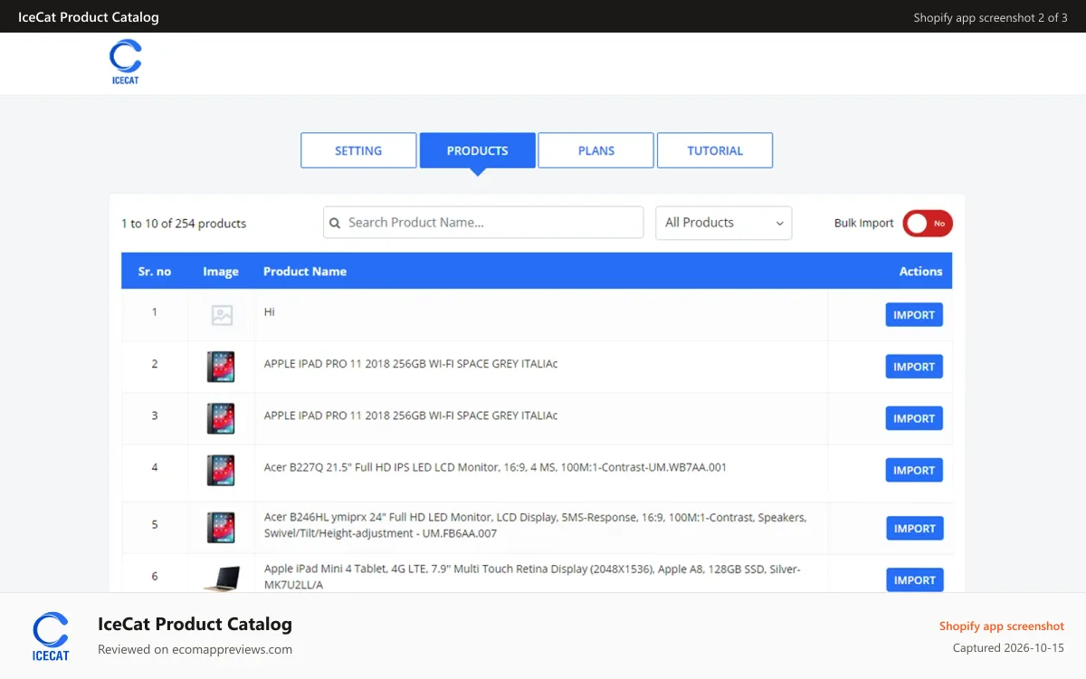 IceCat Product Catalog Shopify app screenshot: Products