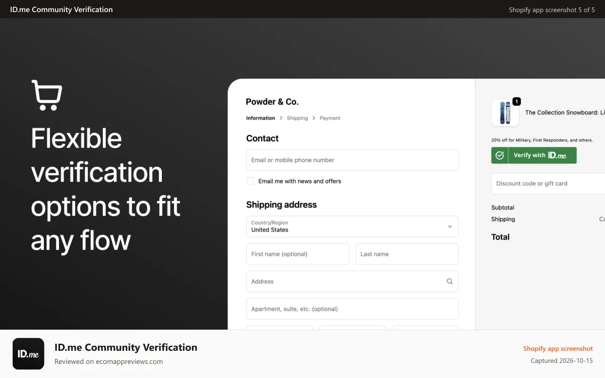 ID.me Community Verification Shopify app screenshot: Flexible verification options to fit any flow.
