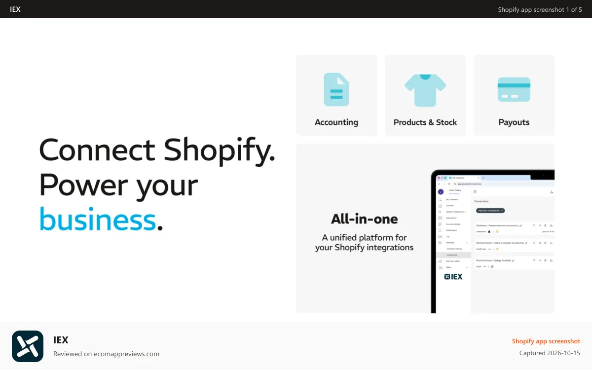 IEX Shopify app screenshot: Connect Shopify. Power your business.